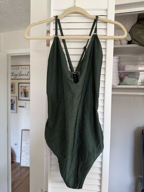 Aerie Ribbed Deep V One-Piece Swimsuit in Dark Green